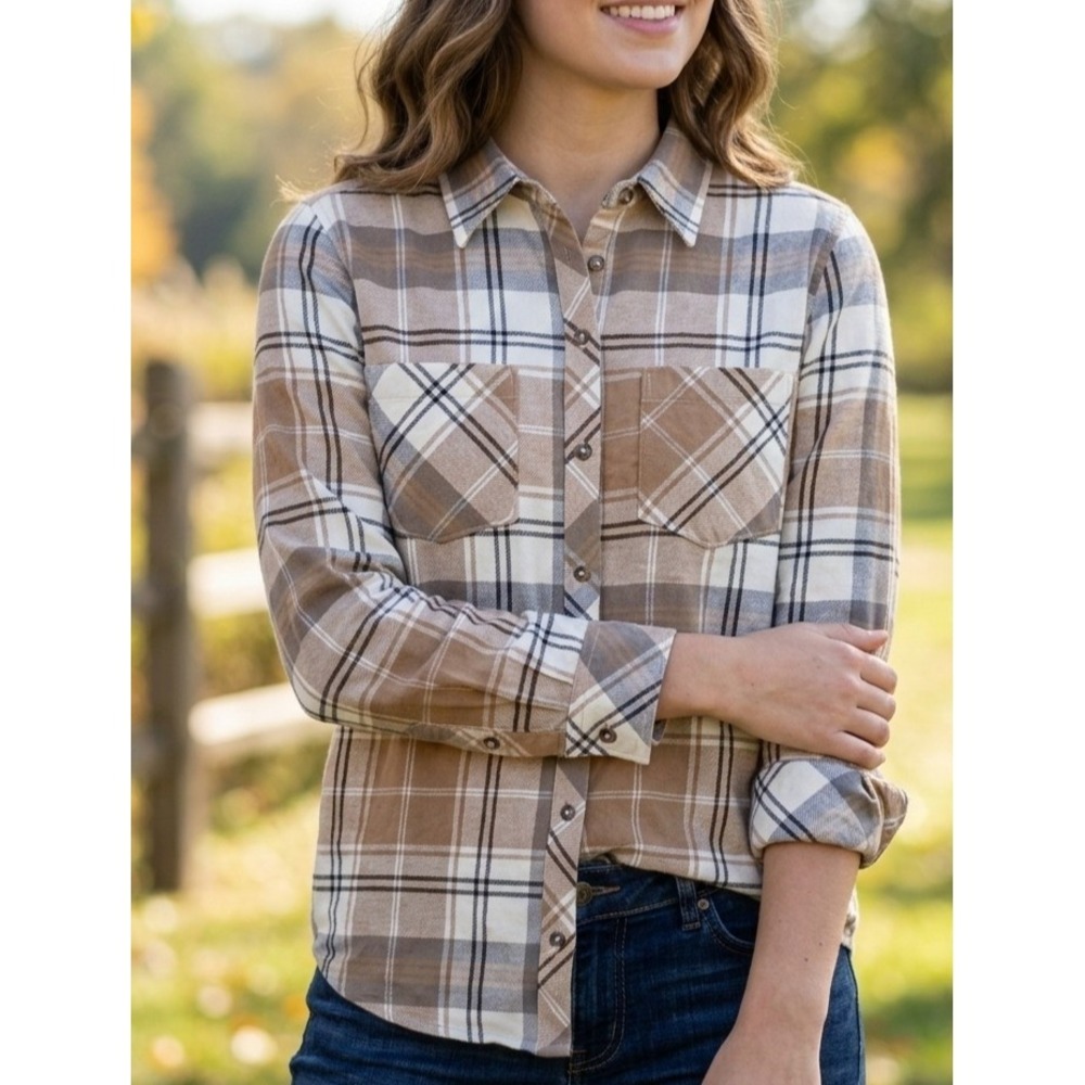 Natural Reflections Brown Plaid Button Down Flannel Shirt Womens Medium